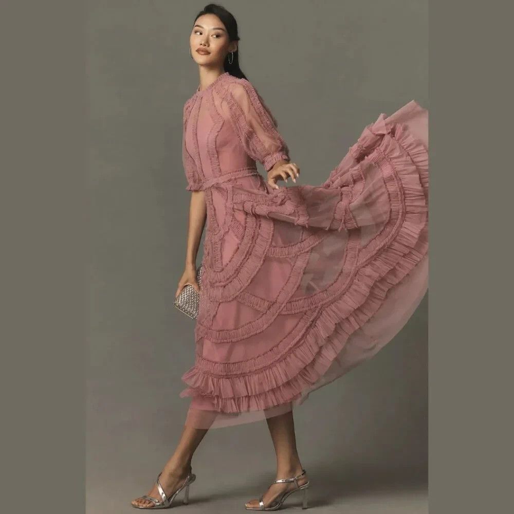 ANTHROPOLOGIE MAC DUGGAL 8058 High Neck Micro Ruffle Tiered Midi Dress Rose 18 - Picture 3 of 7